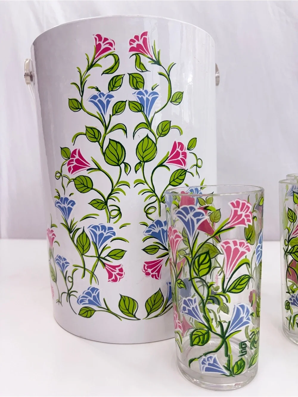 H. J. Stotter vintage acrylic 4 pc vtg floral beverage set ice bucket 3 tumblers